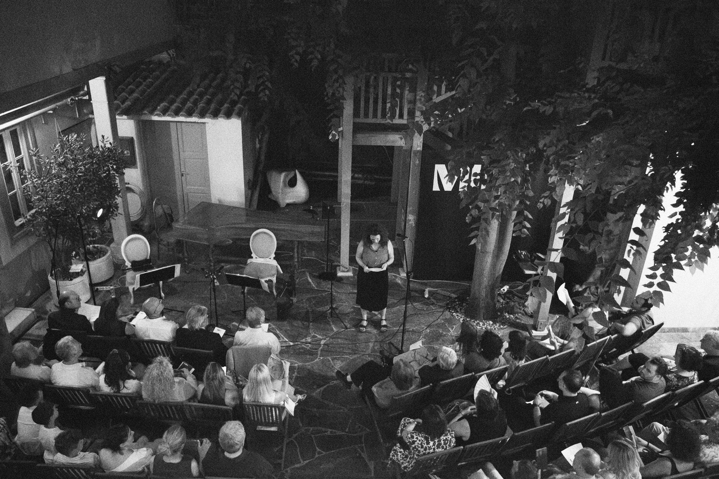 An evening audience in a tree-shaded courtyard, seen from above, facing a singer, a harpsichord and a lamp-lit stage.